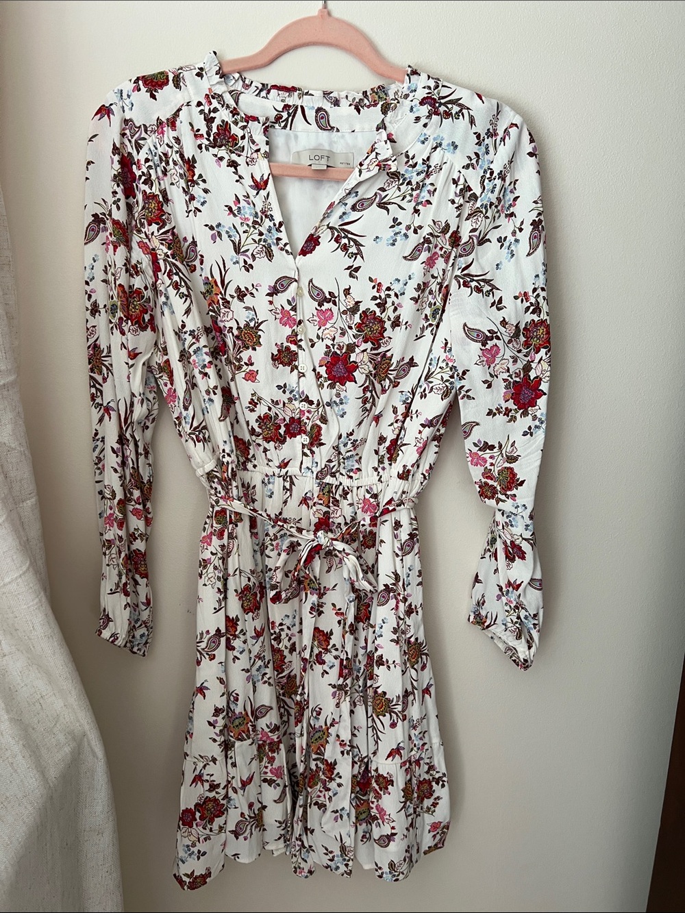 LOFT White Floral Tie-Waist Long Sleeve Dress with Red and Pink Accents